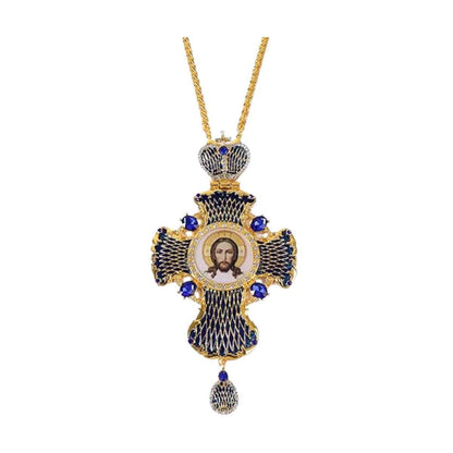 18K Gold Plated Blue Enamel Pectoral Cross Pendant Multi Zircon Crucifix Necklace