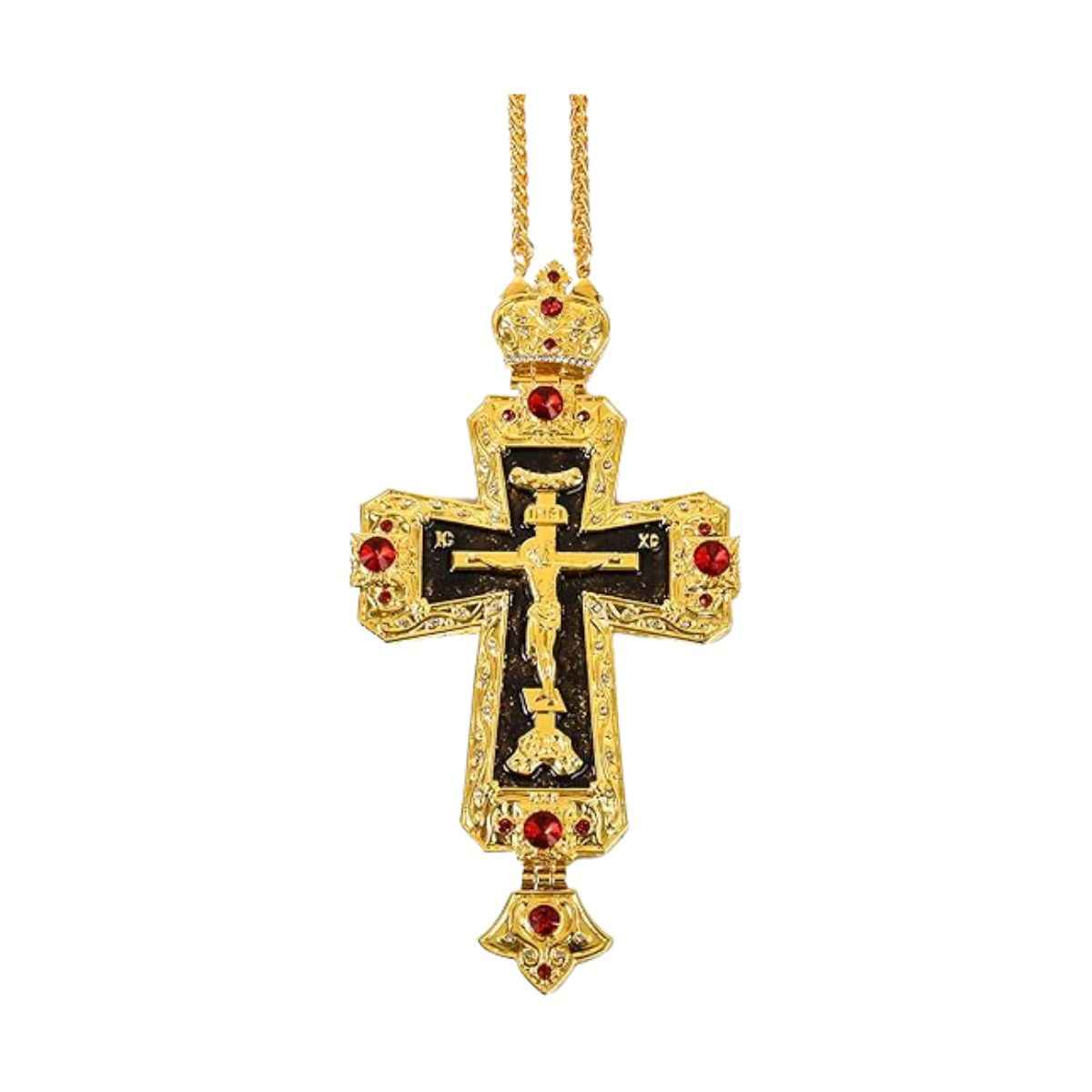 18K Gold Plated Grey Glaze Pectoral Cross Pendant Red Zircon Crucifix Necklace