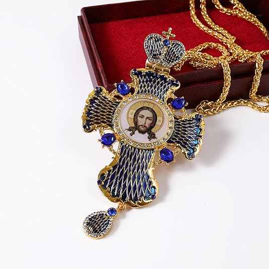 18K Gold Plated Blue Enamel Pectoral Cross Pendant Multi Zircon Crucifix Necklace