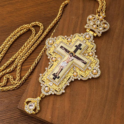 White Pearl 18K Gold-Plated Christian Pectoral Cross Pendant Necklace with Crystal Accents - Nazareth Store 
