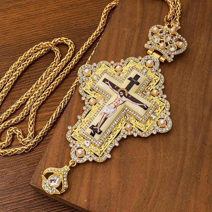 White Pearl 18K Gold-Plated Christian Pectoral Cross Pendant Necklace with Crystal Accents - Nazareth Store 