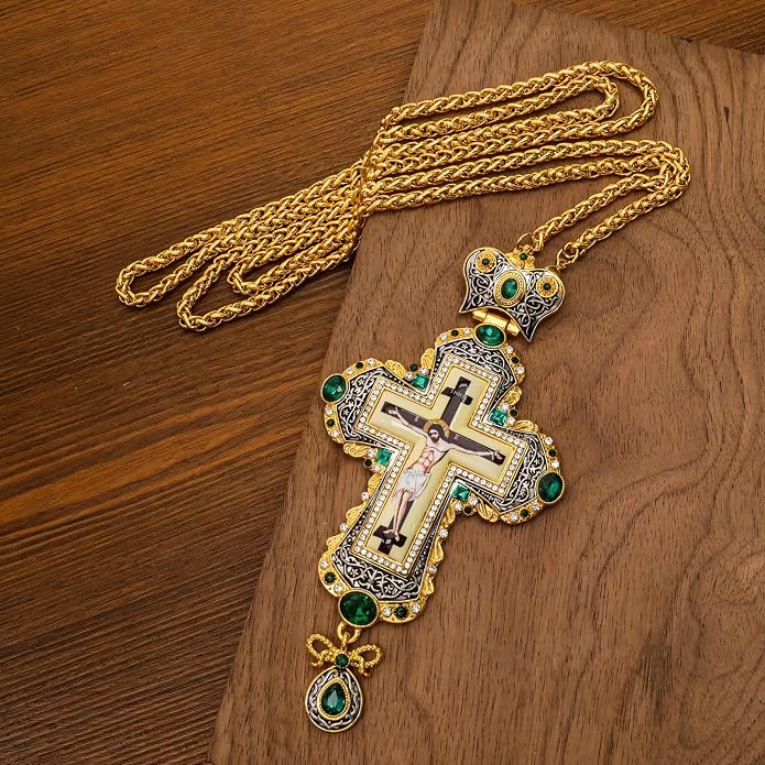 Green Zircon Stone 18K Gold-Plated Christian Pectoral Cross Pendant Necklace with Crystal Accents -Nazareth Store