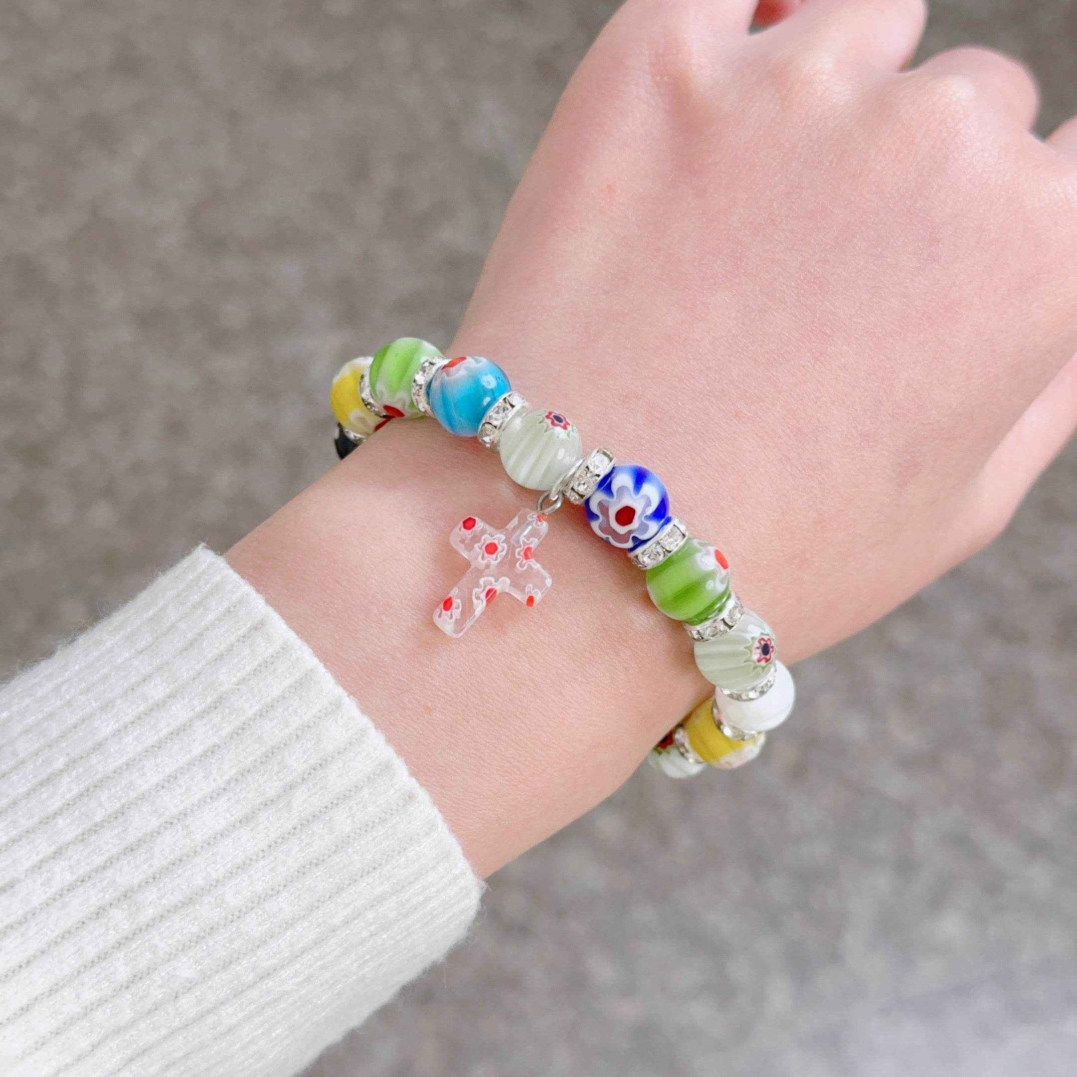 Colorful Agate Stone Beads Bracelet Rosary Hanging Cross