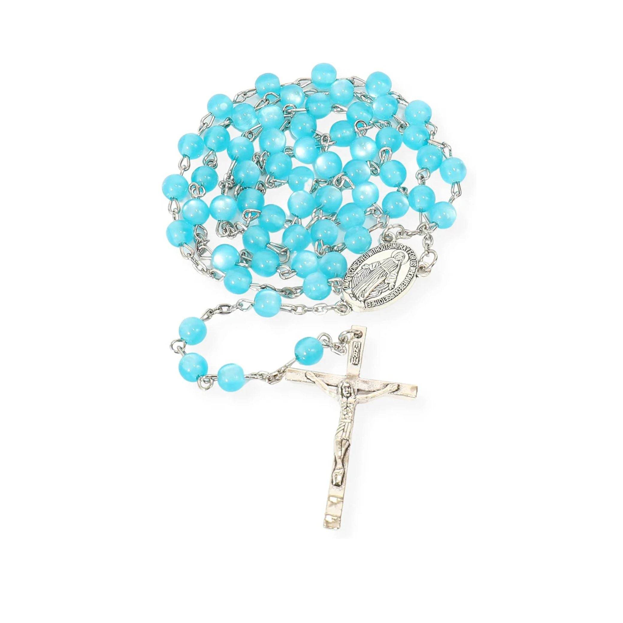 Light Blue 7mm Round Beads Turquoise Cat Eye Stone Miraculous Medal with Crucifix - Nazareth Store