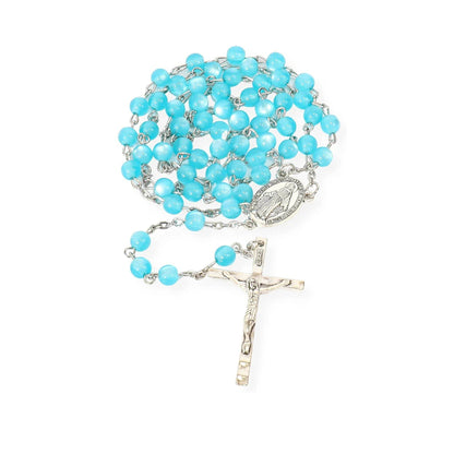 Light Blue 7mm Round Beads Turquoise Cat Eye Stone Miraculous Medal with Crucifix - Nazareth Store