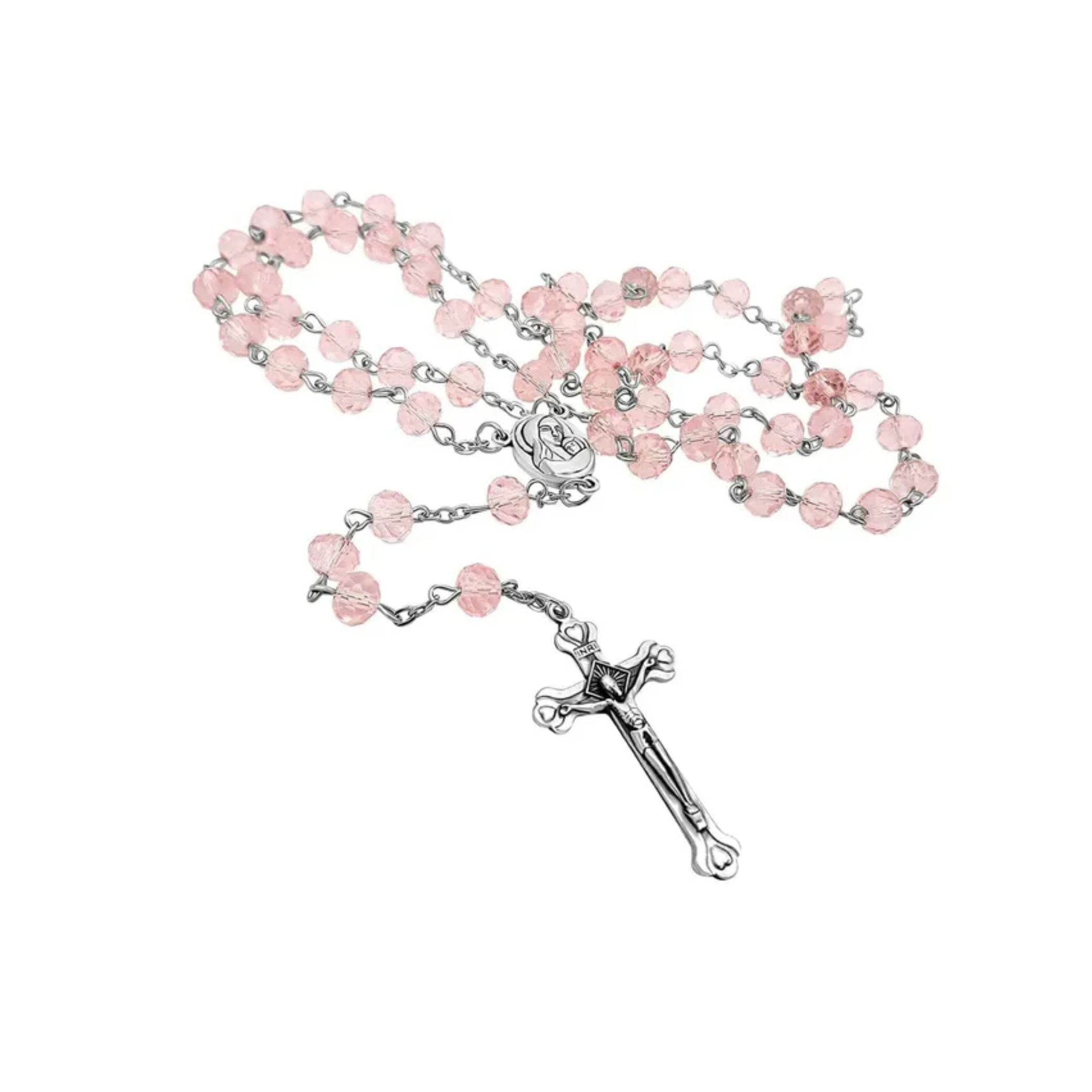 Pink Rosary Necklace Crystal Beads with Holy Soil Medal & Silver Jesus Cross Crucifix - Nazareth Store