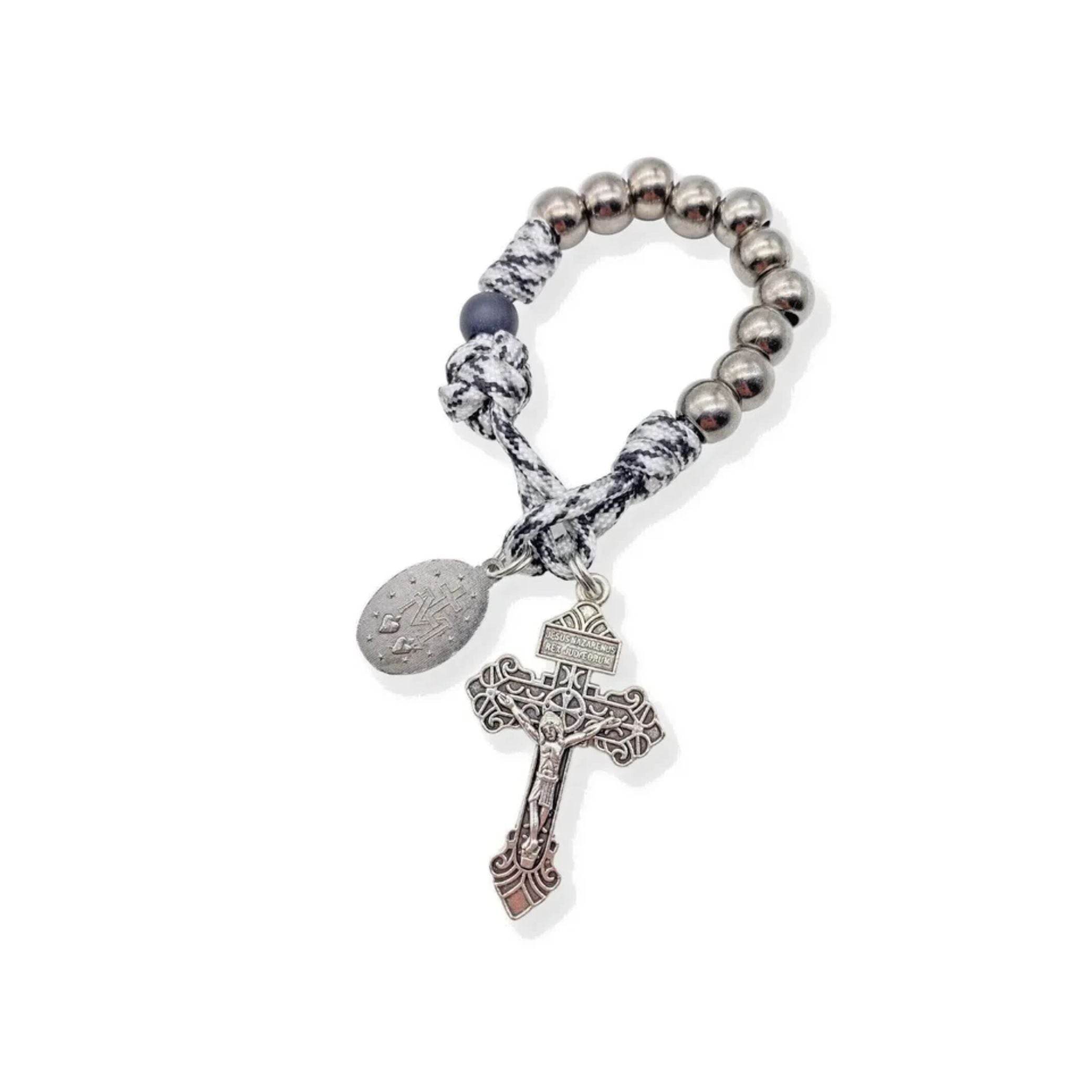 One Decade Rosary Beads Black & White Paracord Pocket Chaplet with Silver Beads & Miraculous Medal - Nazareth Store