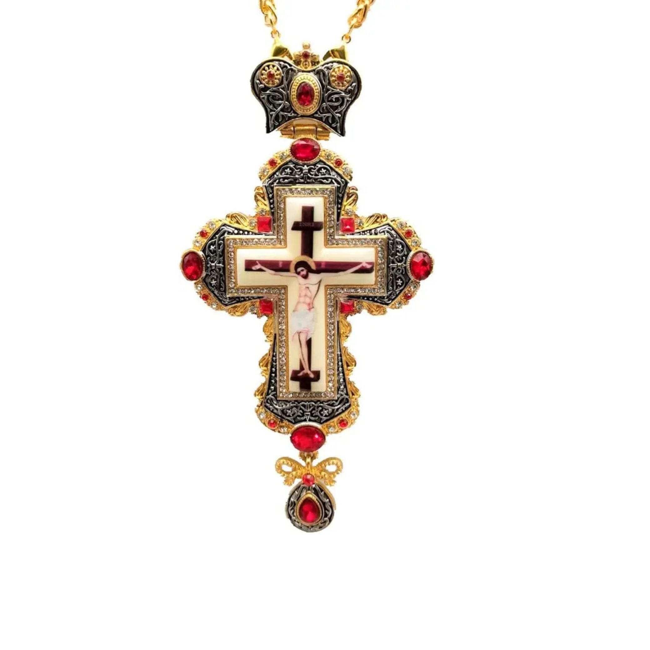 Gold Pectoral Cross Red Multi Zircons Pendant Necklace Christian Priest Bishop Crucifix - Nazareth Store