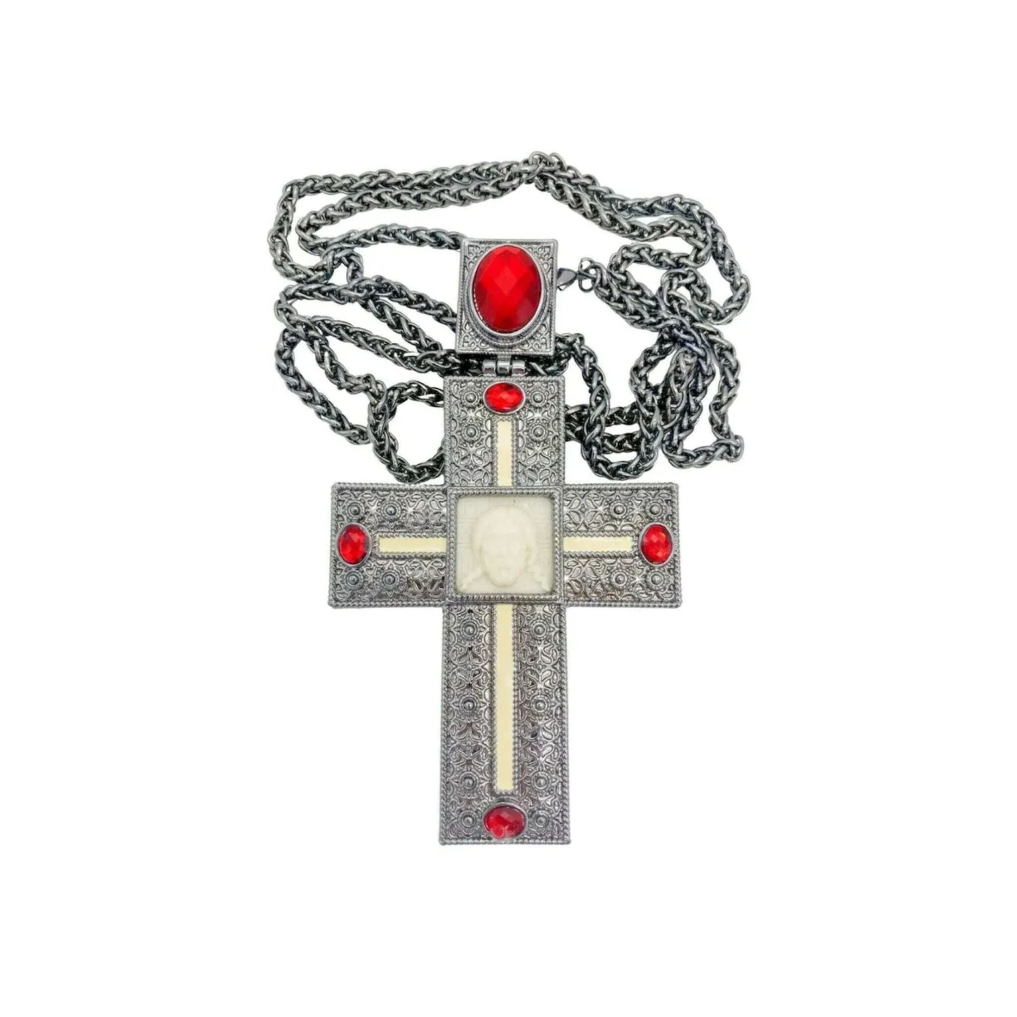 Ox Silver Clergy Pectoral Cross Necklace Red Crystallized Glass Priest Bishop Crucifix Nazareth Store