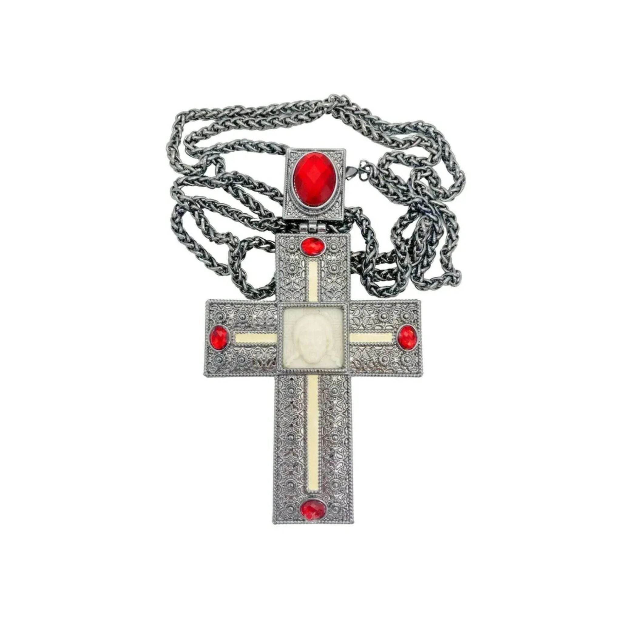 Antique Silver Pectoral Cross Necklace Red Crystallized Glass Priest Bishop Crucifix - Nazareth Store