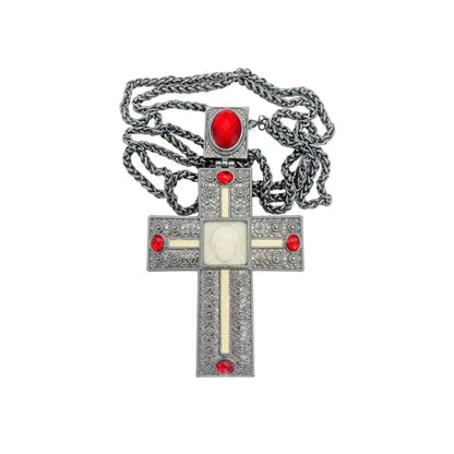 Antique Silver Pectoral Cross Necklace Red Crystallized Glass Priest Bishop Crucifix - Nazareth Store