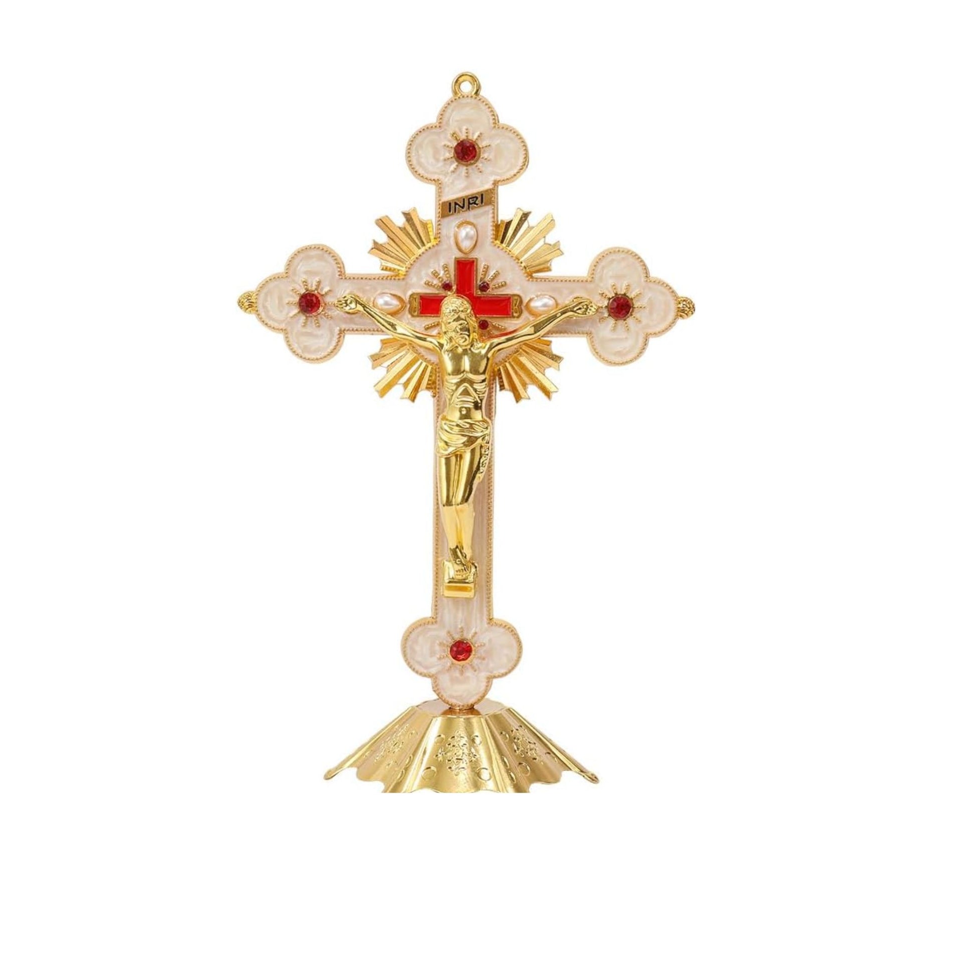 Golden Jesus Cross Standing Tabletop INRI Crucifix with Red Crystallized Glass Nazareth Store