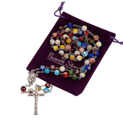 Colorful Murano Glass Rosary Necklace Millefiori Beads Rosary Holy Soil Medal and Cross - Nazareth Store