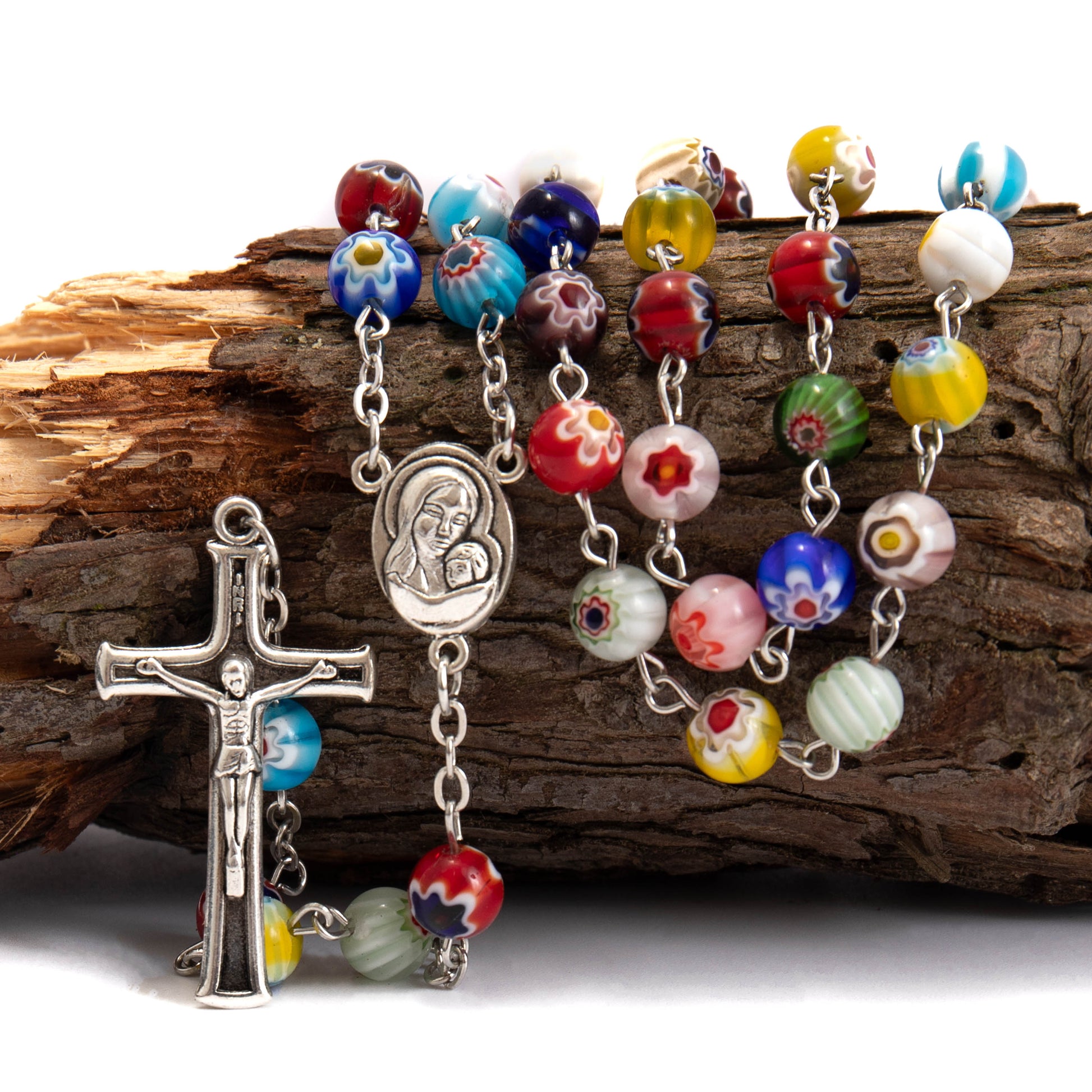 Colorful Murano Glass Rosary Necklace with Holy Soil Medal and Cross Nazareth Store