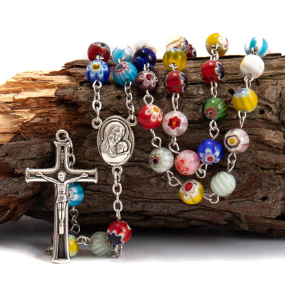 Colorful Murano Glass Rosary Necklace Millefiori Beads Rosary Holy Soil Medal and Cross - Nazareth Store