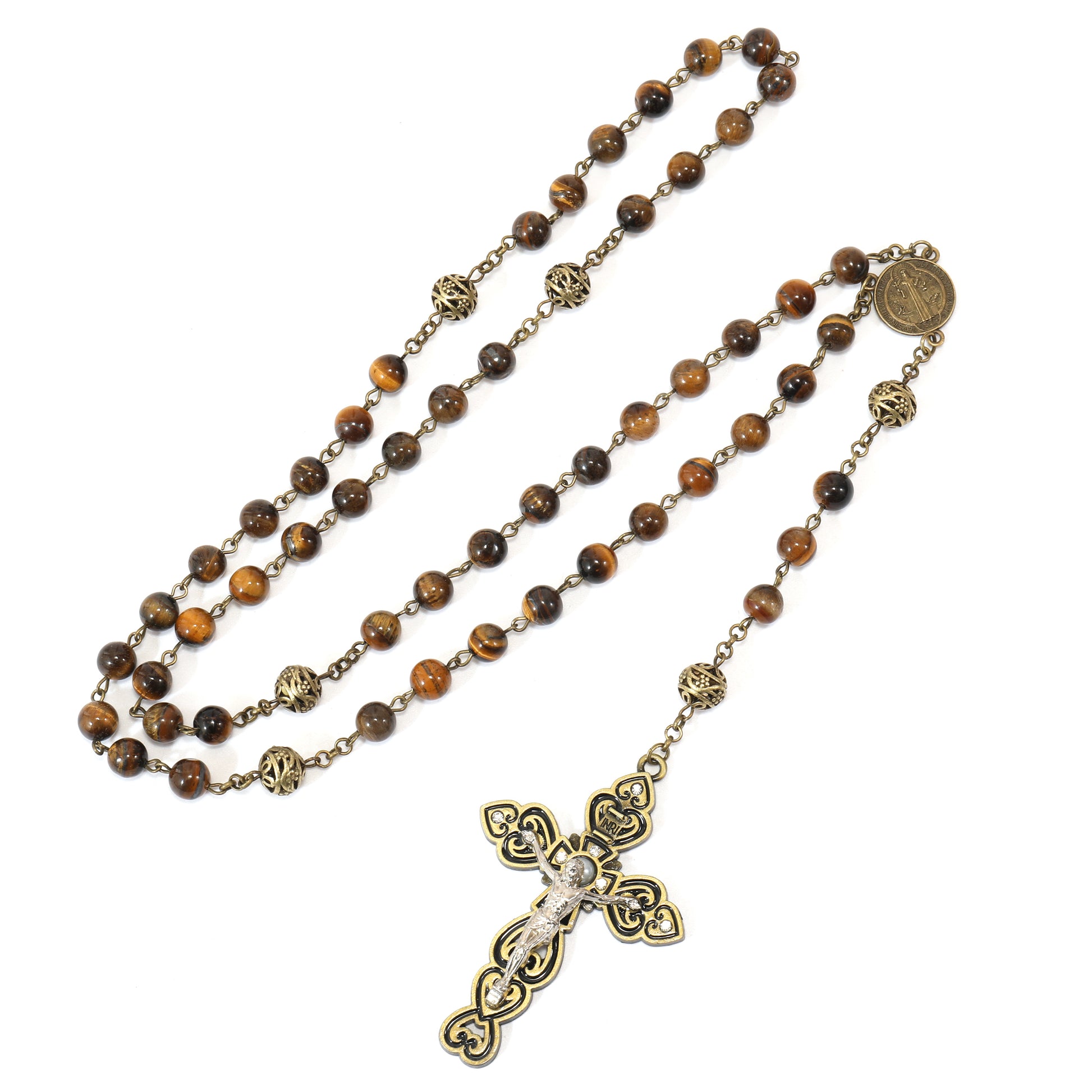 Tiger Eye Natural Stone Beaded Rosary Antique Brass Chaplets Cross Necklace Nazareth Store