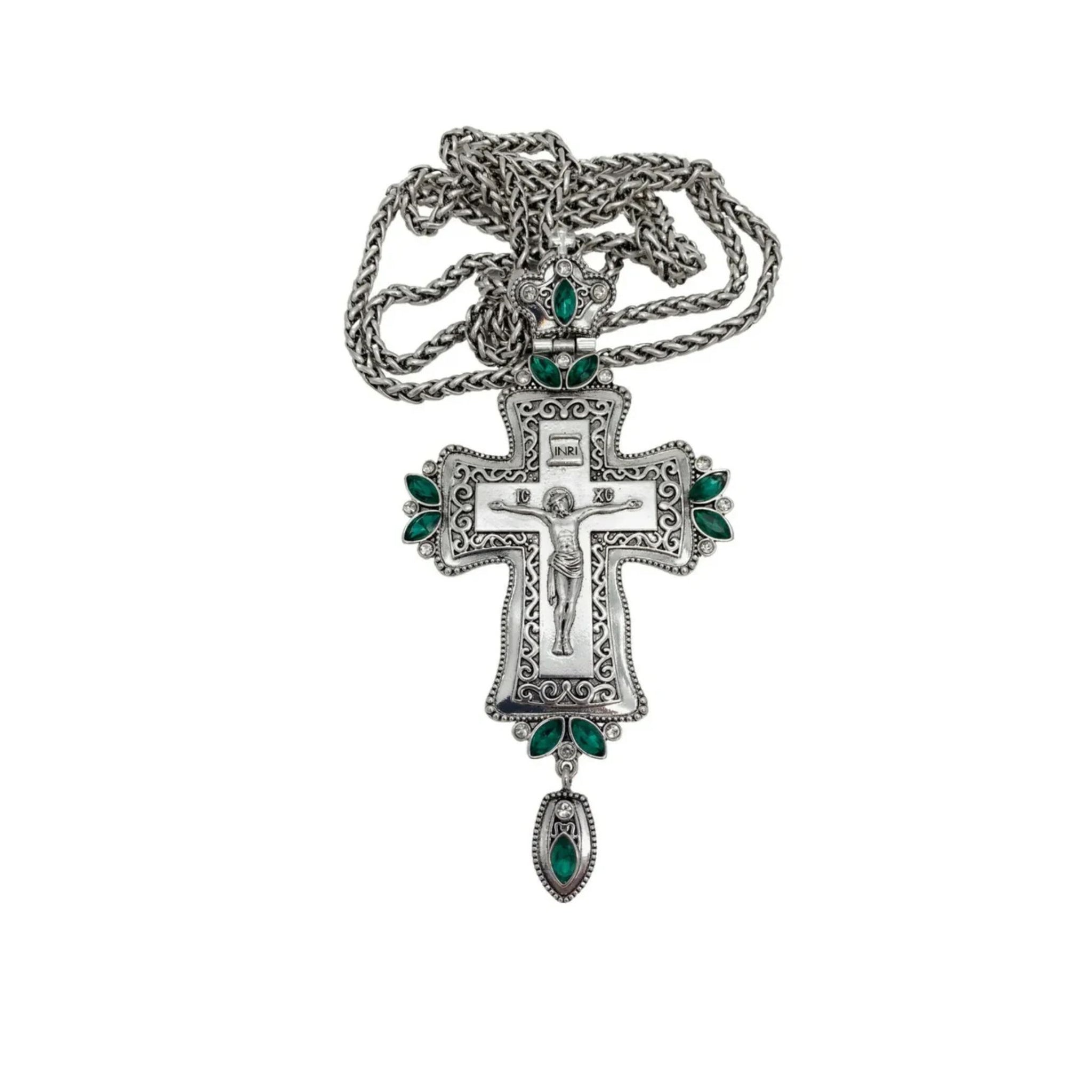 Green Crystals Bishop Pectoral Cross Silver Crystallized Zircons Clergy Crucifix 23" Nazareth Store