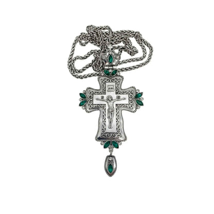Green Crystals Bishop Pectoral Cross Silver Crystallized Zircons Clergy Crucifix 23"
