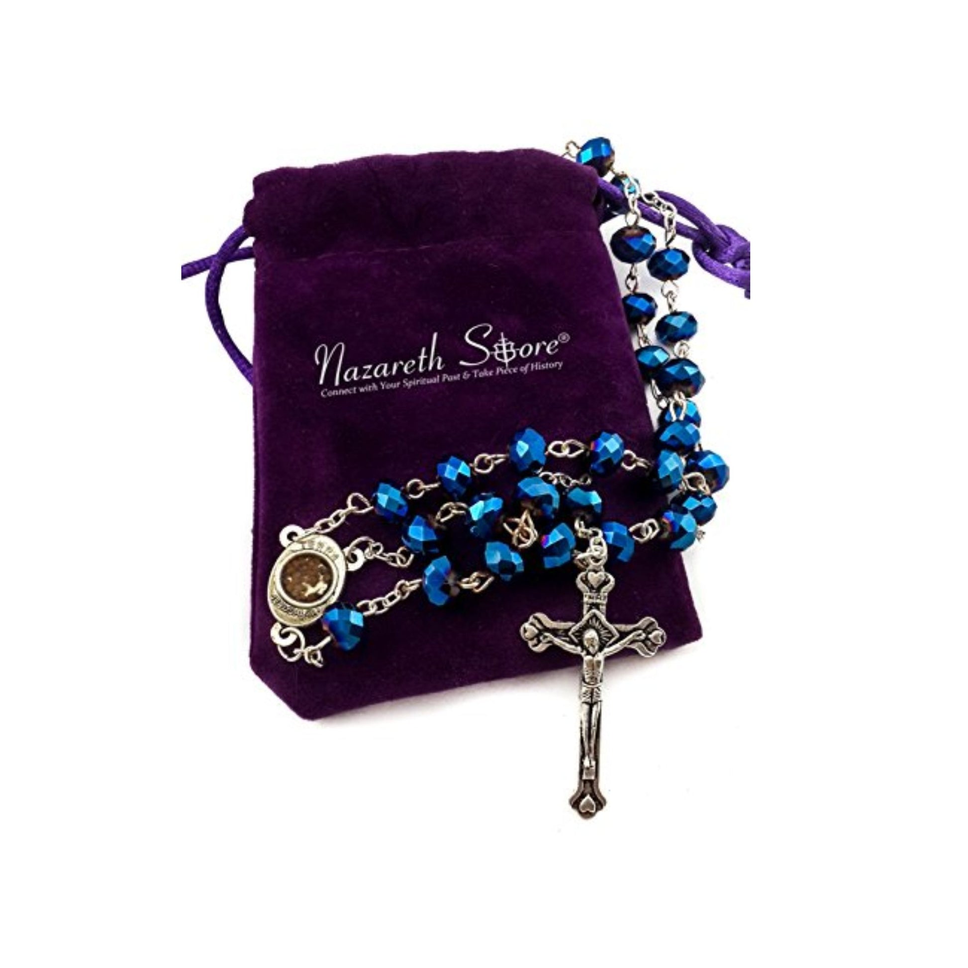 Deep Blue Crystal Beads Rosary Necklace Holy Soil Medal and Cross Nazareth Store