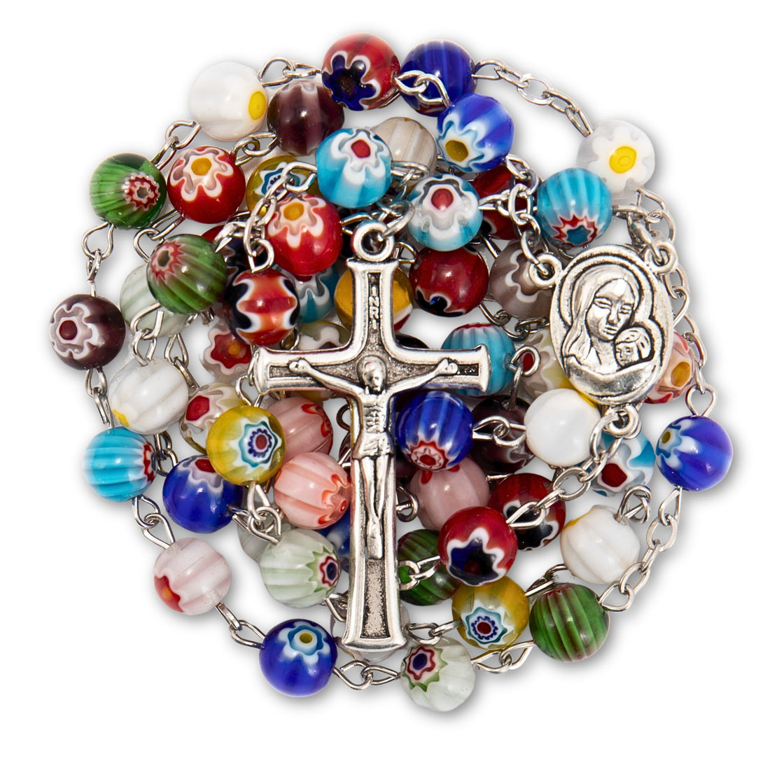 Colorful Murano Glass Rosary Necklace with Holy Soil Medal and Cross Nazareth Store