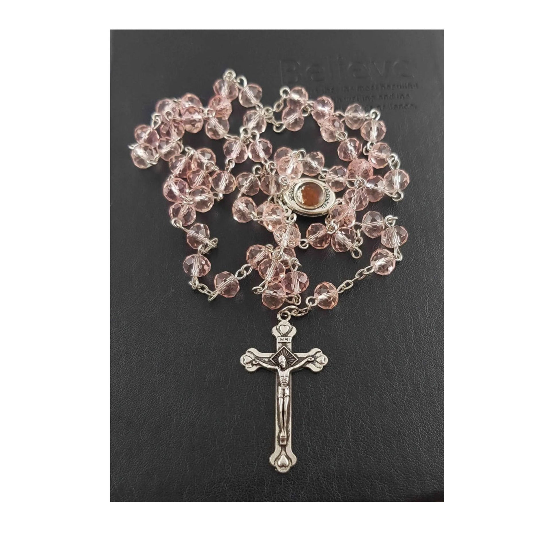 Light Pink Crystal Beads Rosary Necklace Holy Soil Medal Nazareth Store