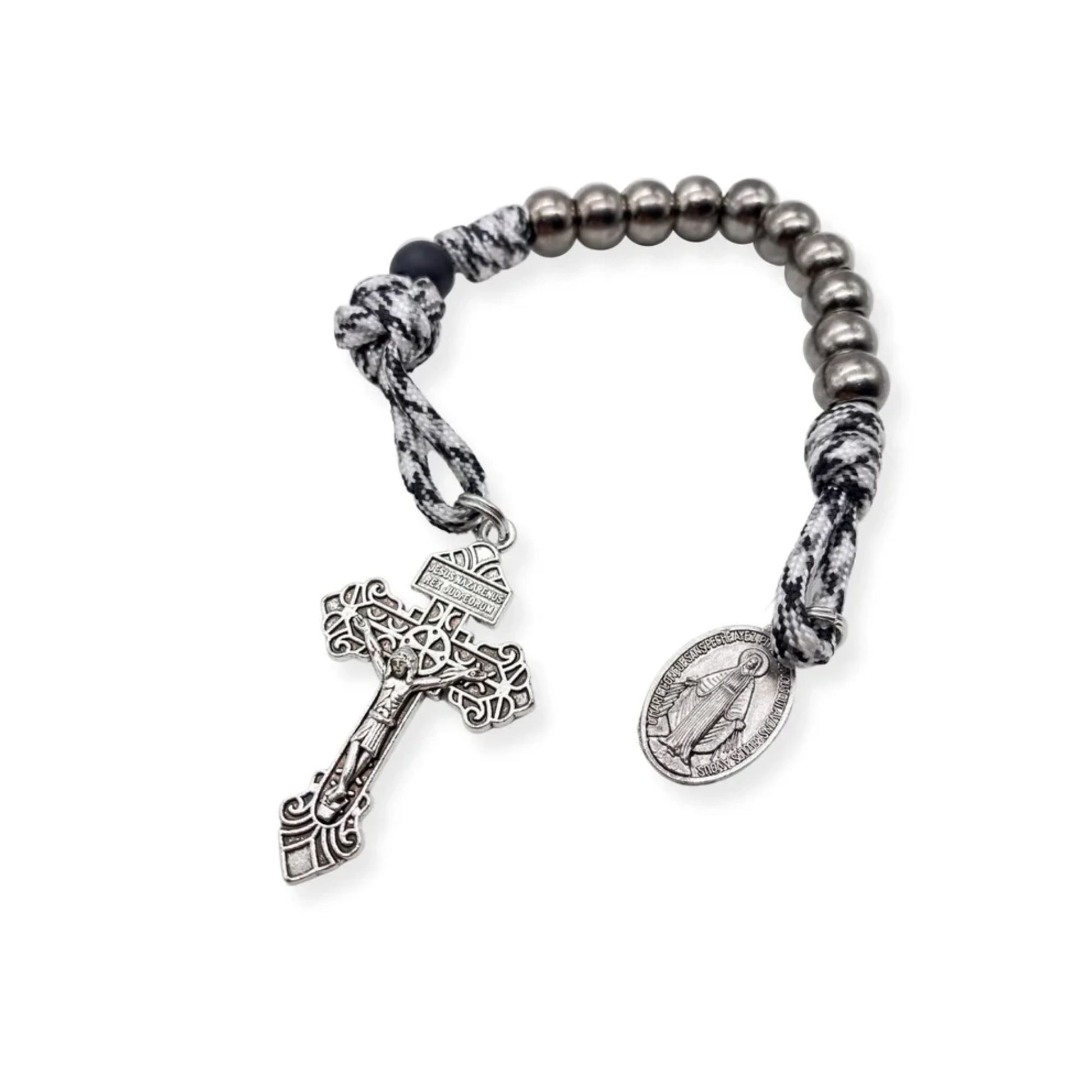 One Decade Black & White Paracord Rosary Silver Beads Pocket  with Miraculous Chaplet Nazareth Store