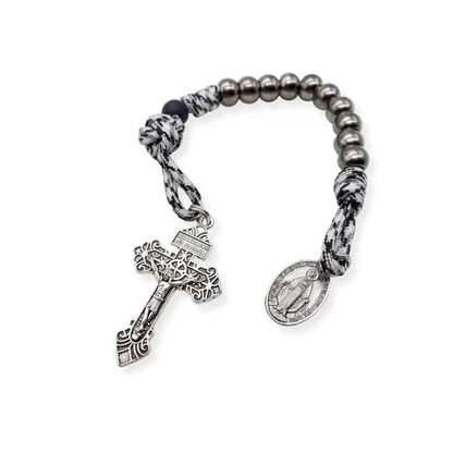 One Decade Rosary Beads Black & White Paracord Pocket Chaplet with Silver Beads & Miraculous Medal - Nazareth Store