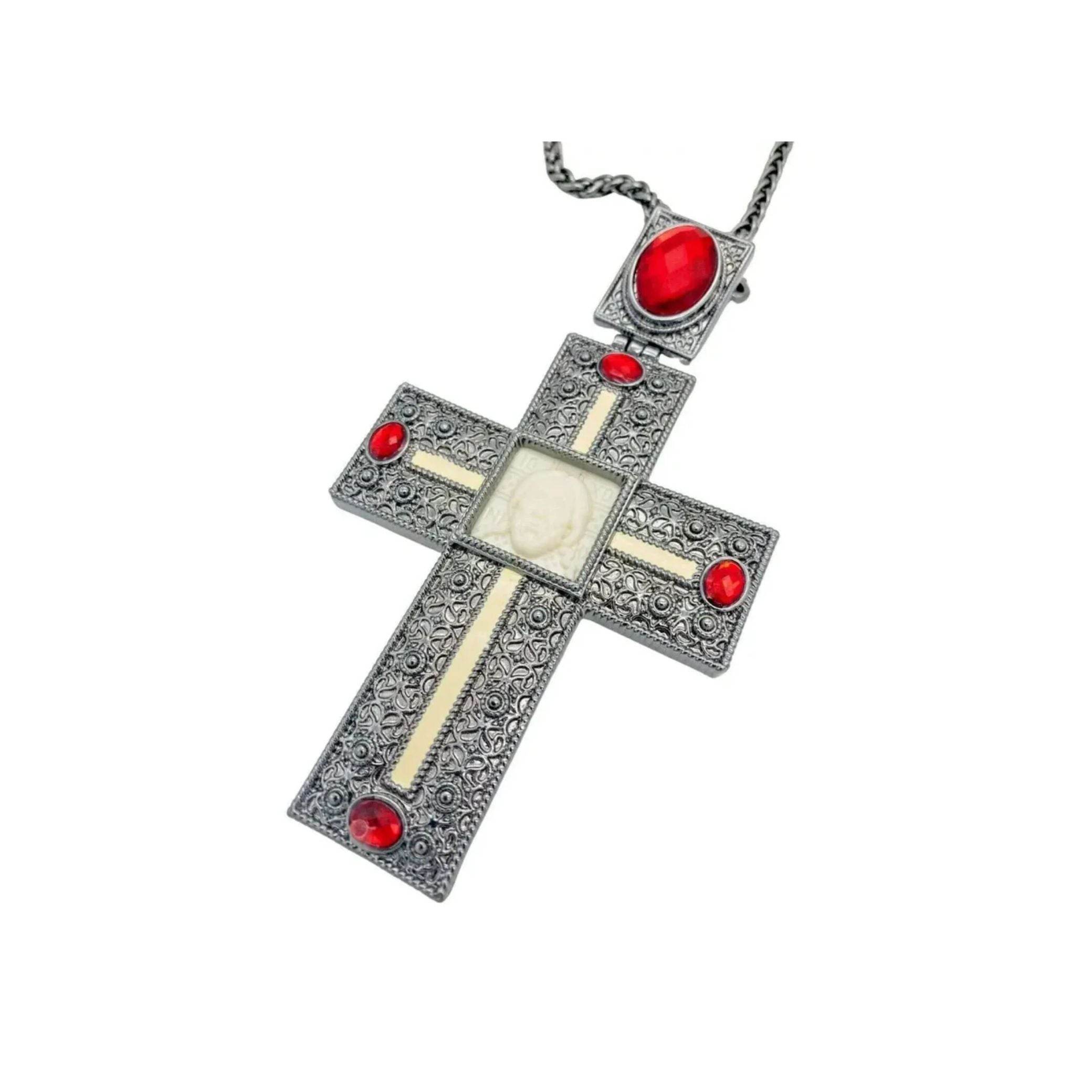 Antique Silver Pectoral Cross Necklace Red Crystallized Glass Priest Bishop Crucifix - Nazareth Store
