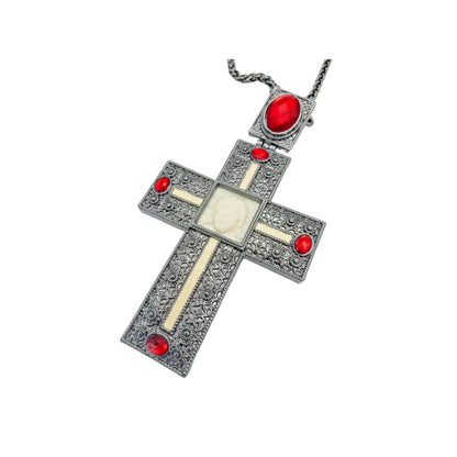 Antique Silver Pectoral Cross Necklace Red Crystallized Glass Priest Bishop Crucifix - Nazareth Store