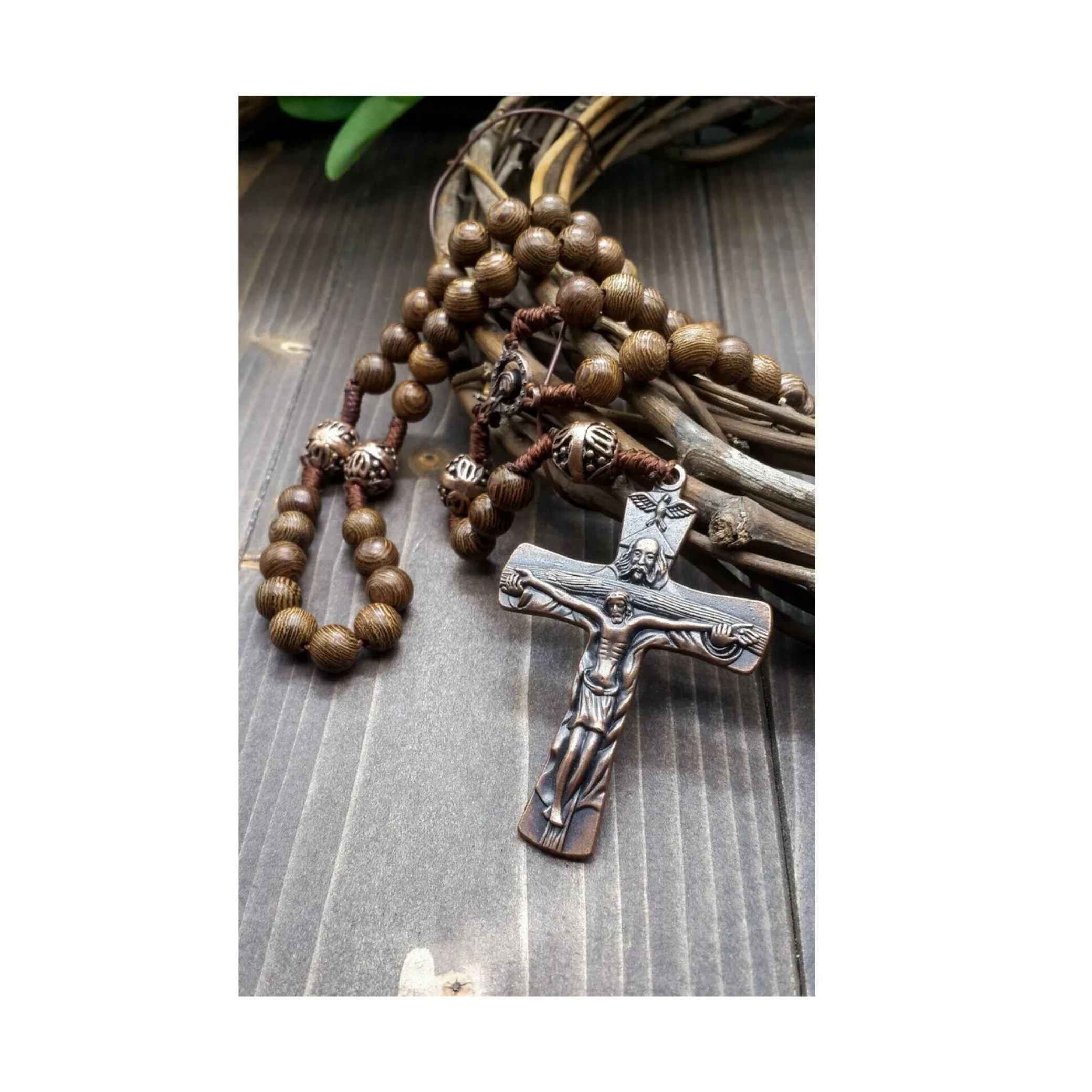 Our Father Wood Rosary Beads Necklace Large Antique Cross 20"