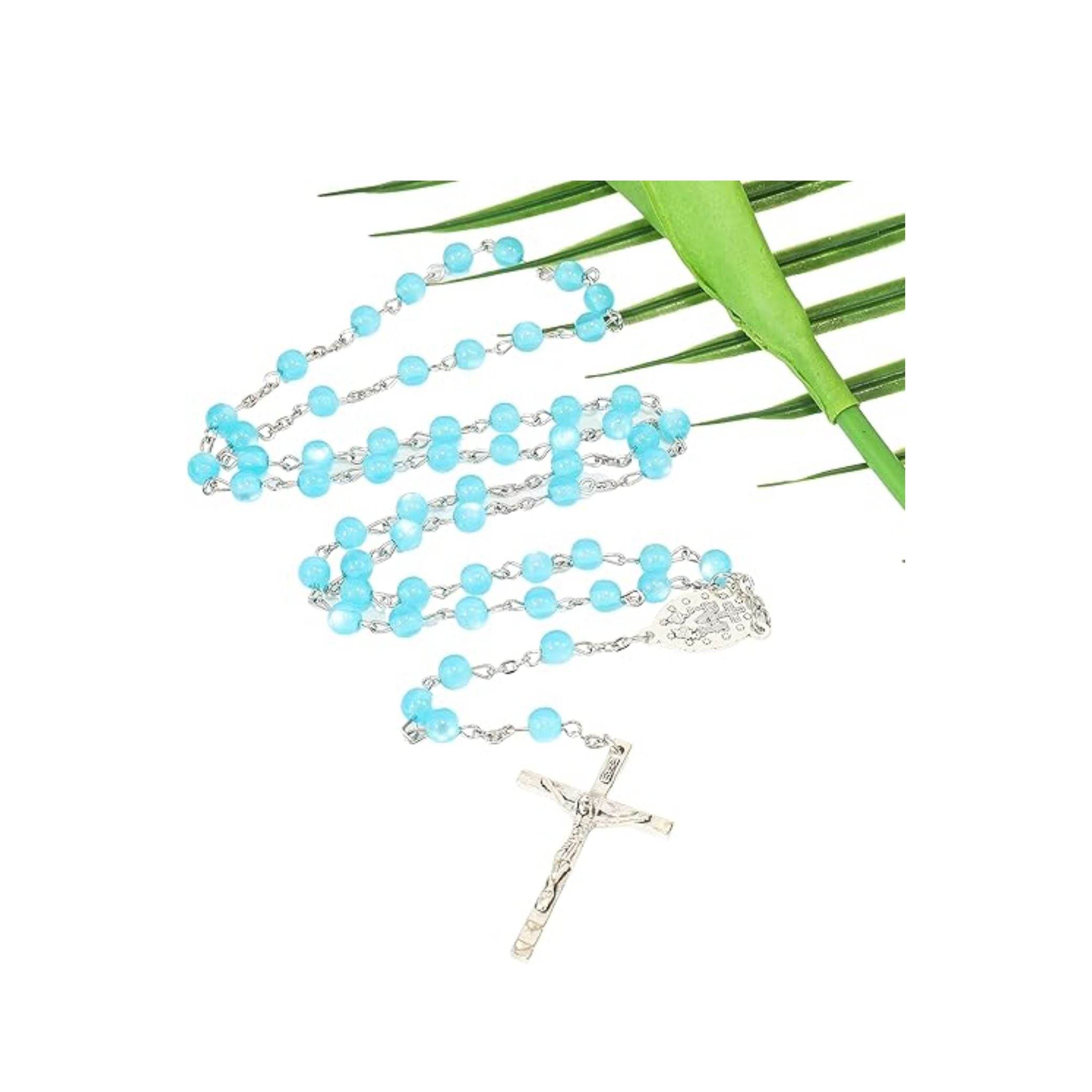 Light Blue 7mm Round Beads Turquoise Cat Eye Stone Miraculous Medal with Crucifix - Nazareth Store