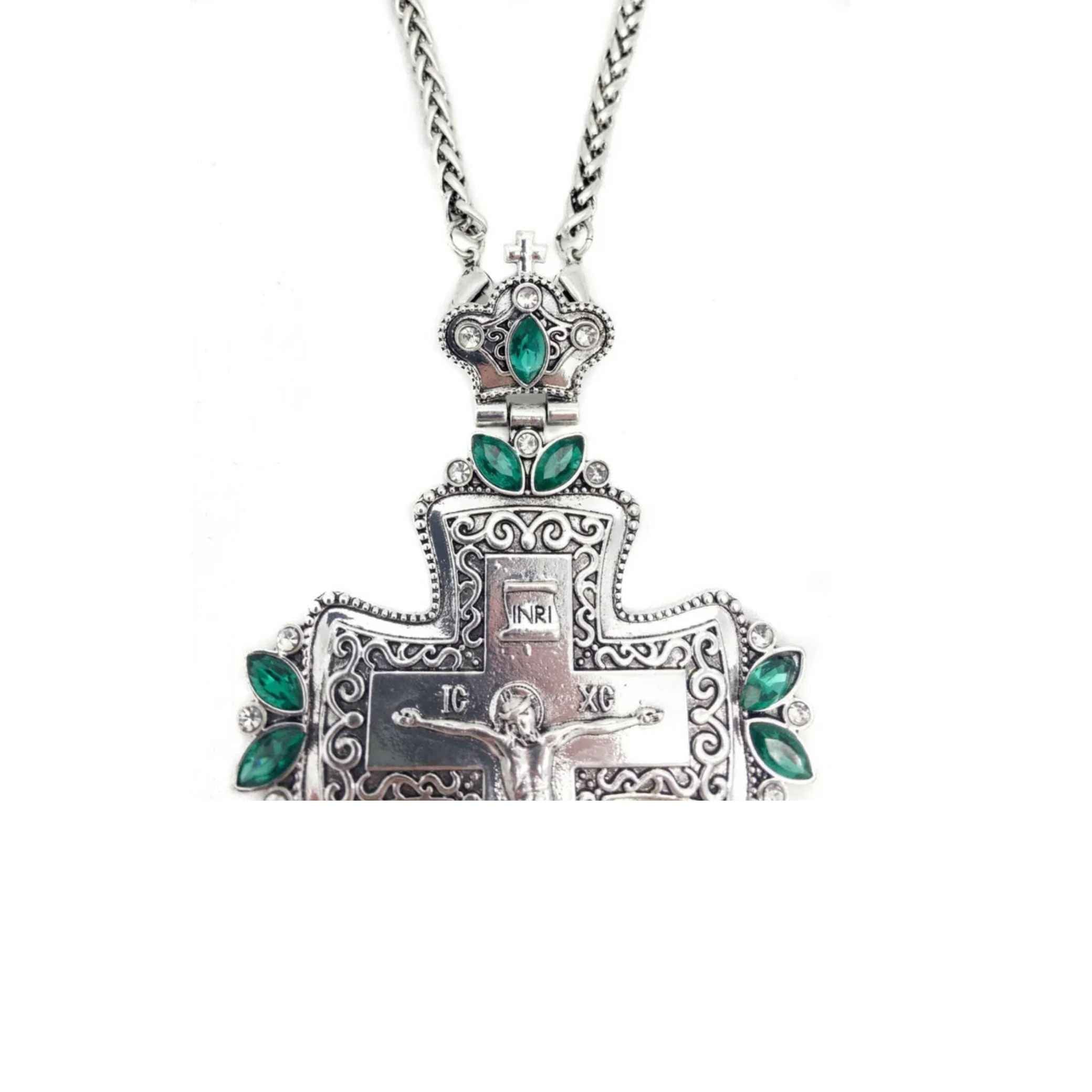 Green Crystals Bishop Pectoral Cross Silver Crystallized Zircons Clergy Crucifix 23"