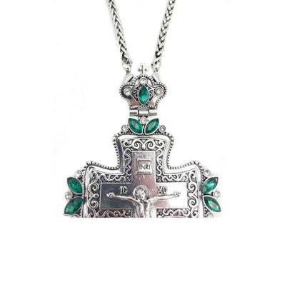 Green Crystals Bishop Pectoral Cross Silver Crystallized Zircons Clergy Crucifix 23"