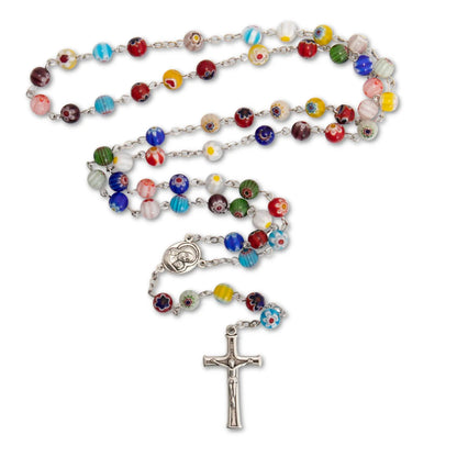 Colorful Murano Glass Rosary Necklace Millefiori Beads Rosary Holy Soil Medal and Cross - Nazareth Store