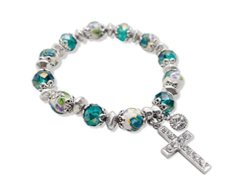 Green Crystals Cross Bracelet Christian Classic Beaded Bangle Nazareth Store