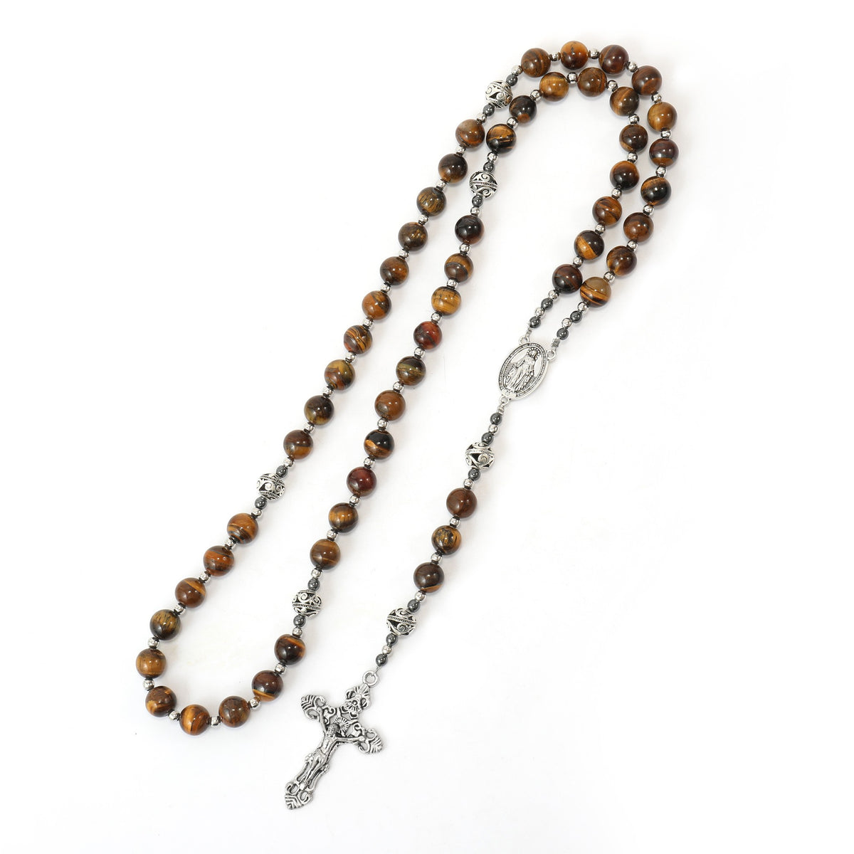Brown Tiger Eye Stone Beads Rosary Necklace with Miraculous Medal & Silver Cross - Nazareth Store