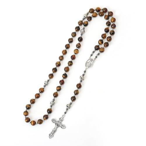 Brown Tiger Eye Stone Beads Rosary Necklace with Miraculous Medal & Silver Cross - Nazareth Store
