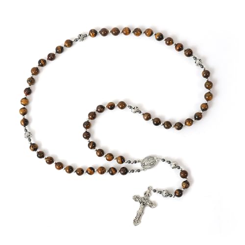 Brown Tiger Eye Stone Beads Rosary Necklace with Metal Beaded Glory Beads, Miraculous Medal & Silver Cross Nazareth Store