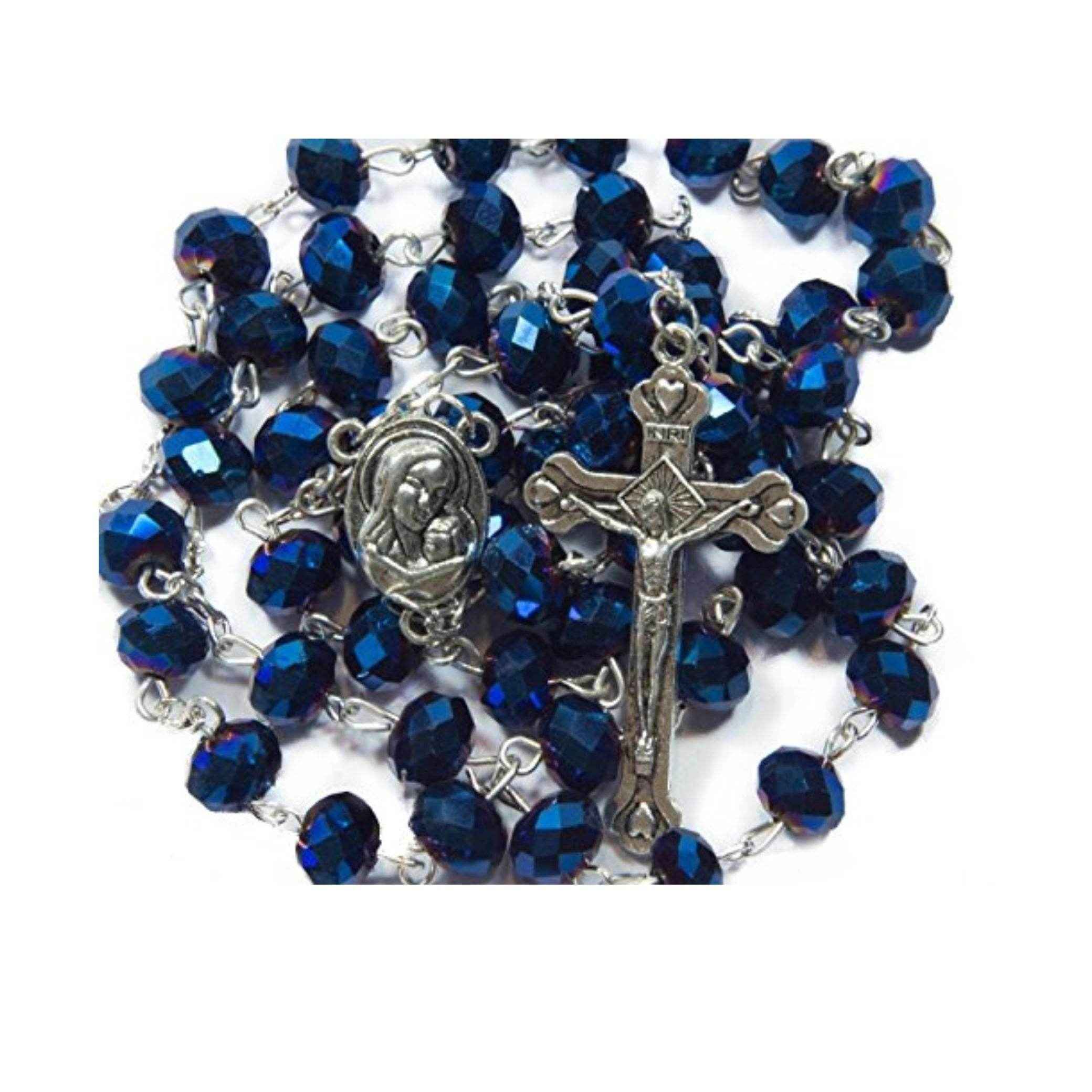 Deep Blue Crystal Beads Rosary Necklace Holy Soil Medal and Cross - Nazareth Store
