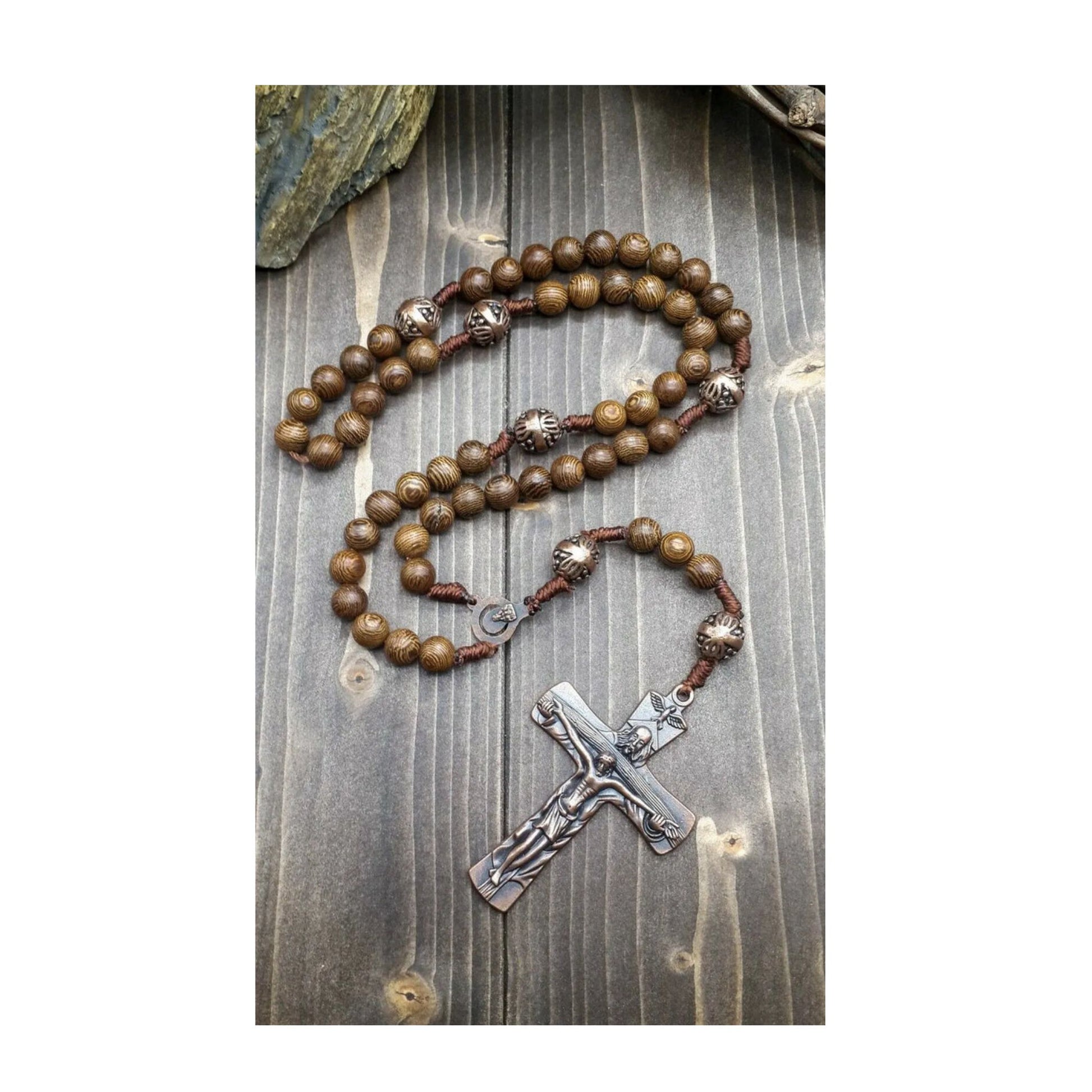 Our Father Wood Rosary Beads Necklace Large Antique Cross 20" Nazareth Store