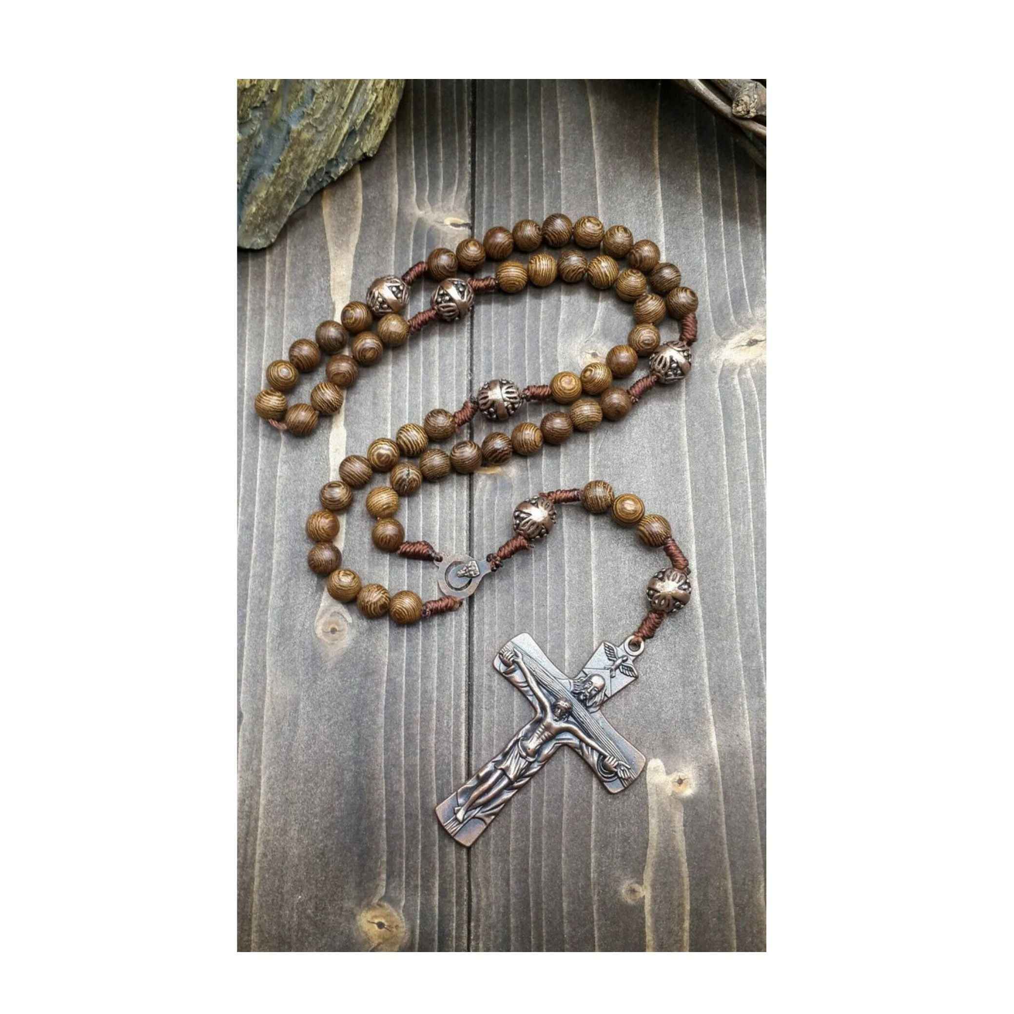 Our Father Wood Rosary Beads Necklace Large Antique Cross 20"