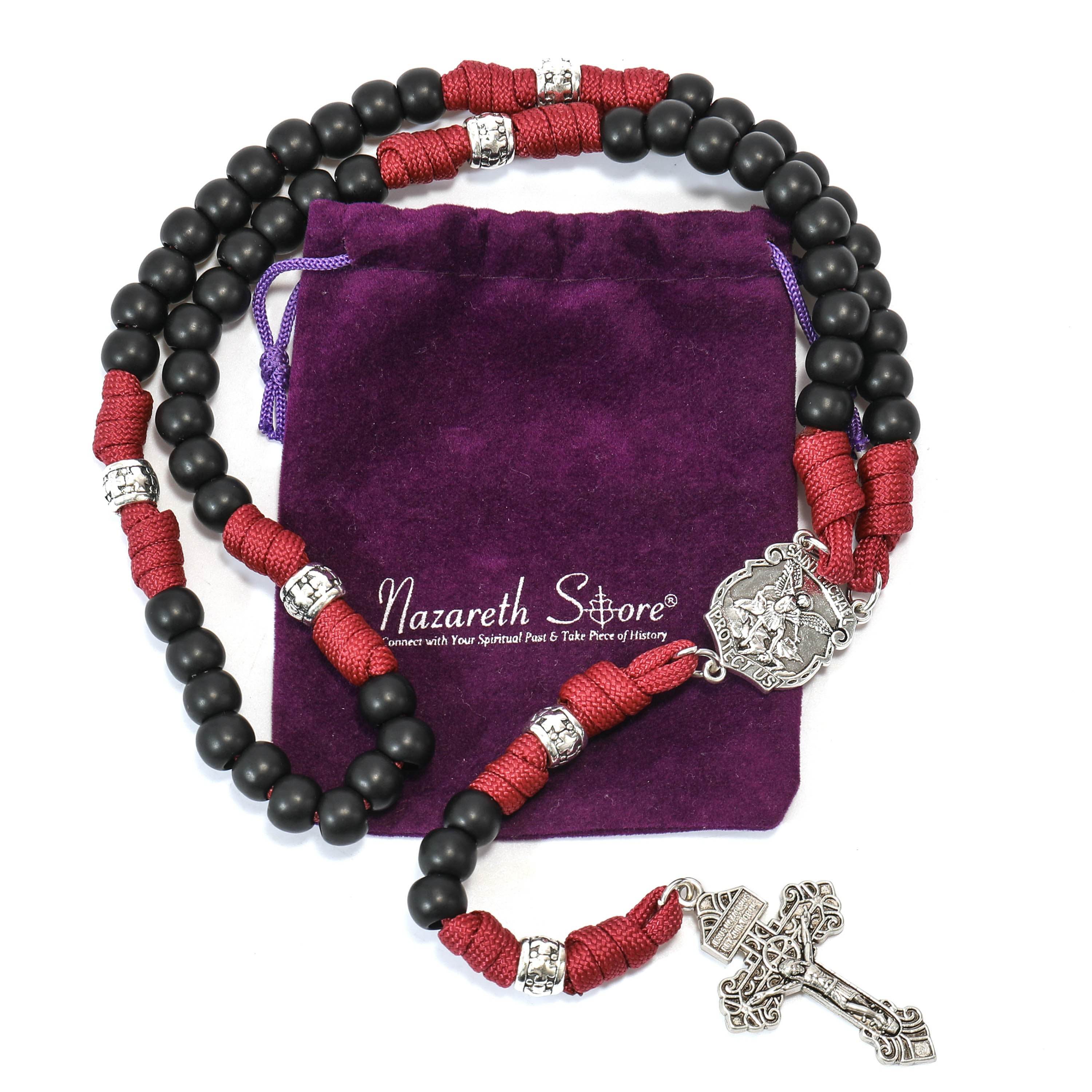 St.Michael Black Beads Red Paracord Rosary Rugged Beaded Pardon Cross - Nazareth Store