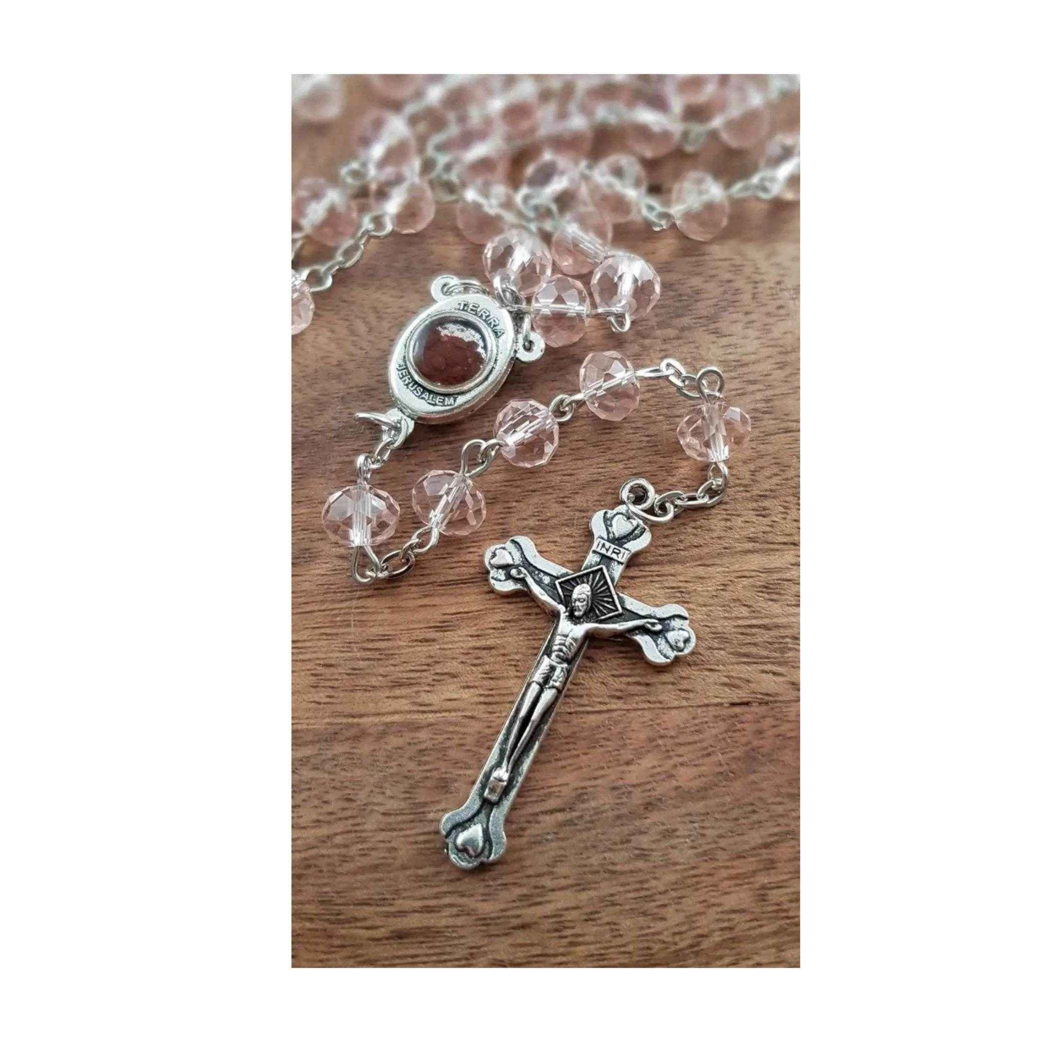Pink Rosary Necklace Crystal Beads with Holy Soil Medal & Silver Jesus Cross Crucifix - Nazareth Store