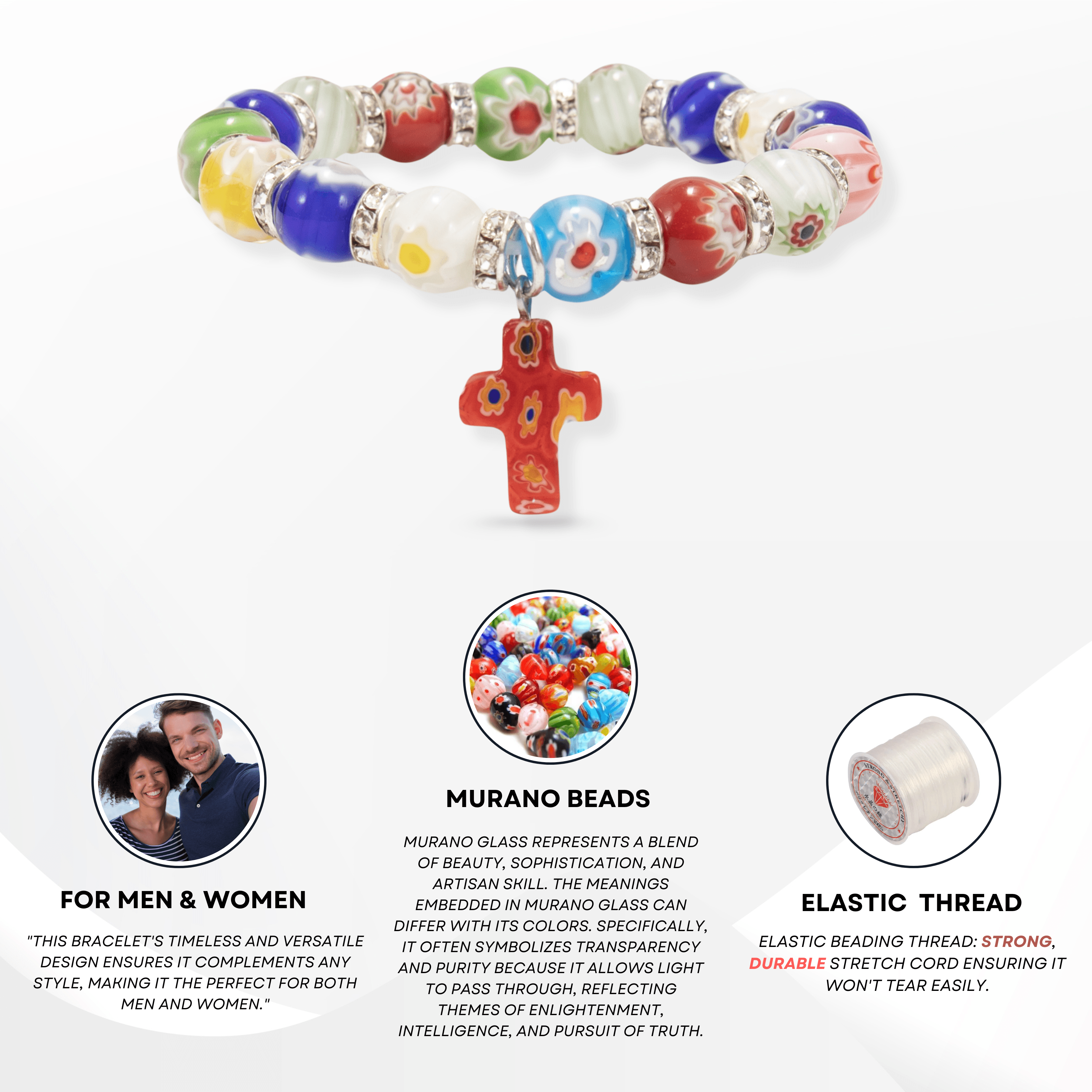 Colorful Agate Stone Beads Bracelet Rosary Hanging Cross