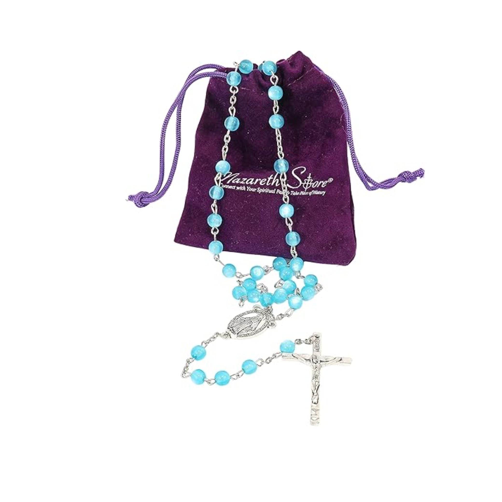 Light Blue 7mm Round Beads Turquoise Cat Eye Stone Miraculous Medal with Crucifix - Nazareth Store