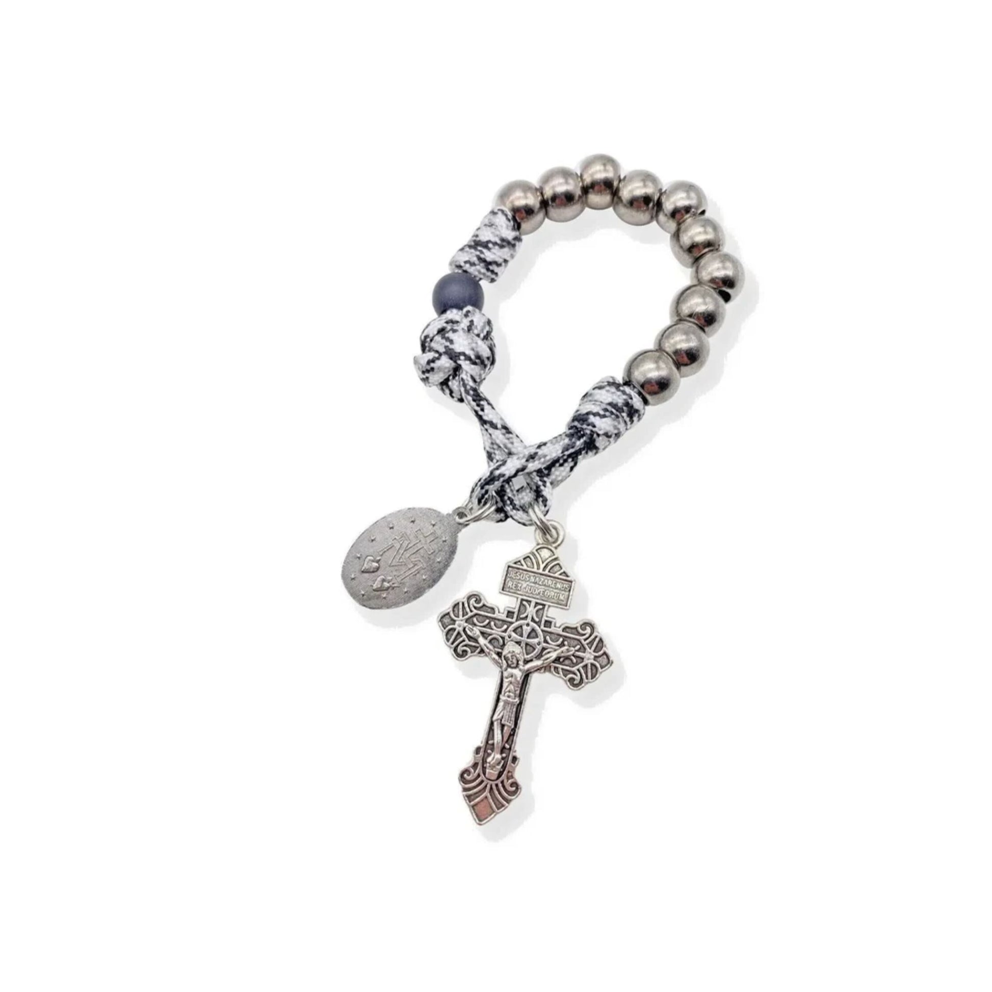 One Decade Black & White Paracord Rosary Silver Beads Pocket  with Miraculous Chaplet Nazareth Store