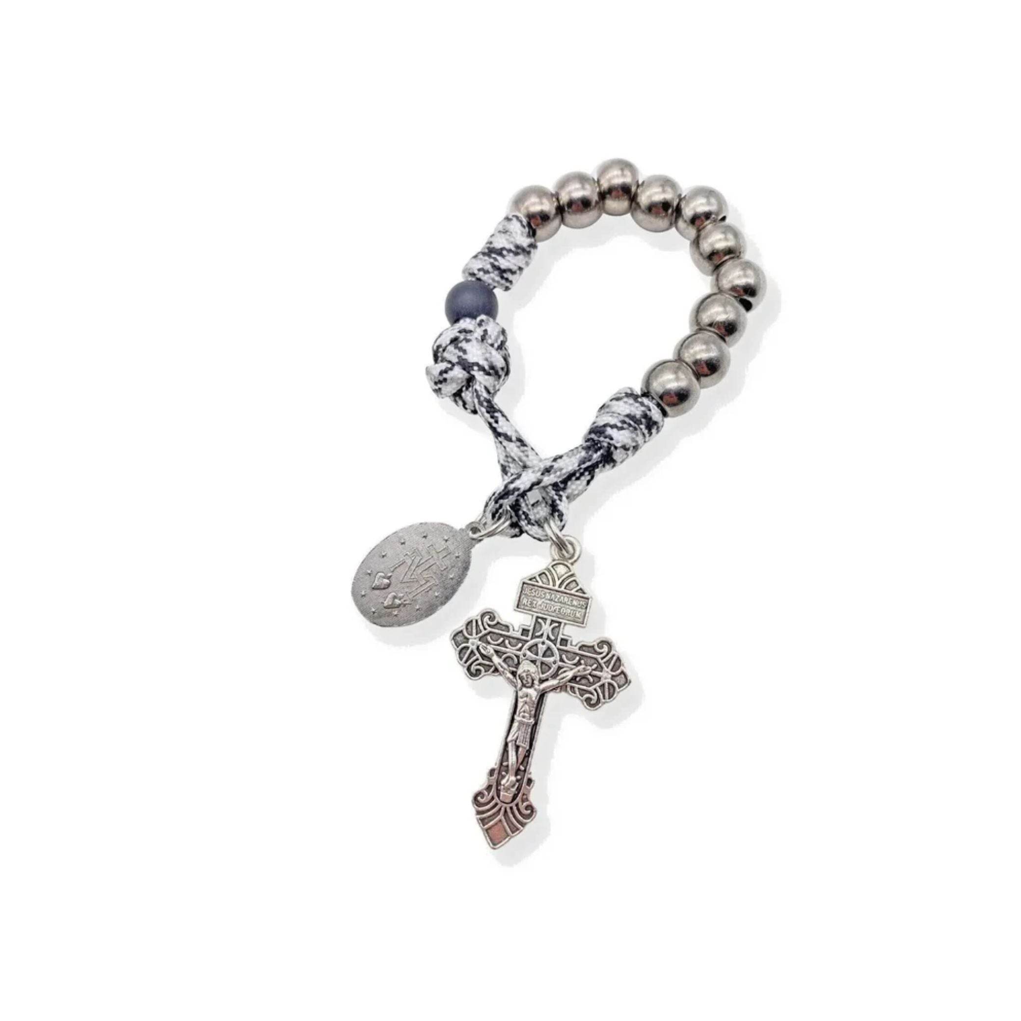 One Decade Rosary Beads Black & White Paracord Pocket Chaplet with Silver Beads & Miraculous Medal - Nazareth Store