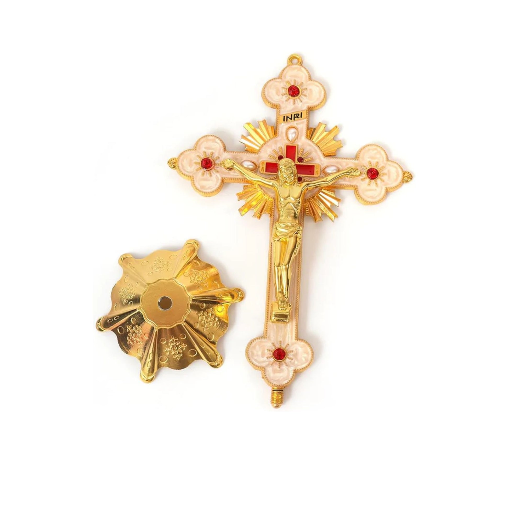 Golden Jesus Cross Standing Tabletop INRI Crucifix with Red Crystallized Glass Nazareth Store