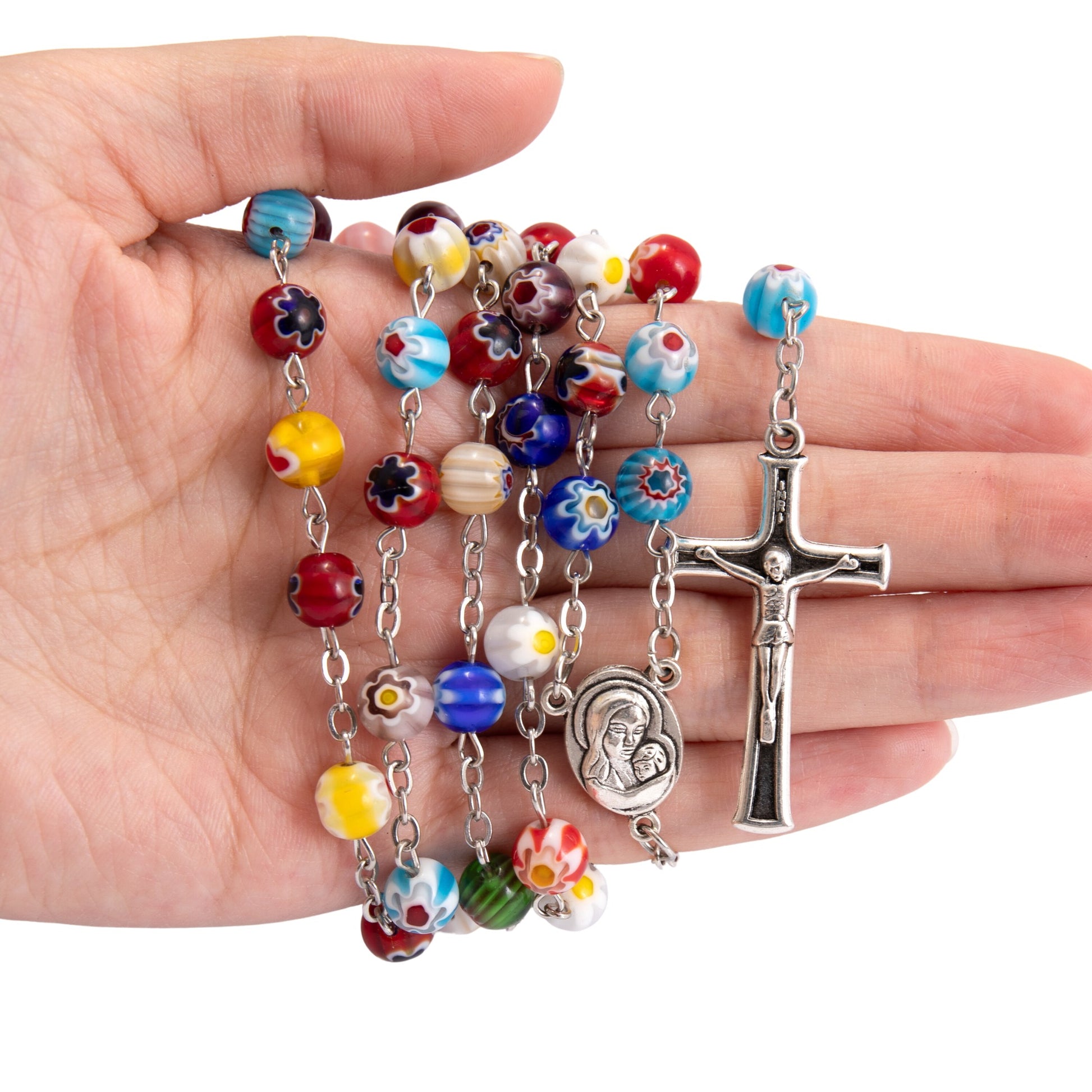 Colorful Murano Glass Rosary Necklace with Holy Soil Medal and Cross Nazareth Store