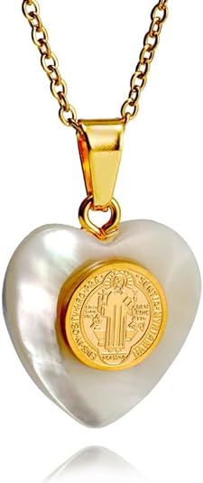 18K Gold Plated Mother of Pearl Pendant Necklace 18" St. Benedict, St. Michael Miraculous Medal Chain Men Women Nazareth Store